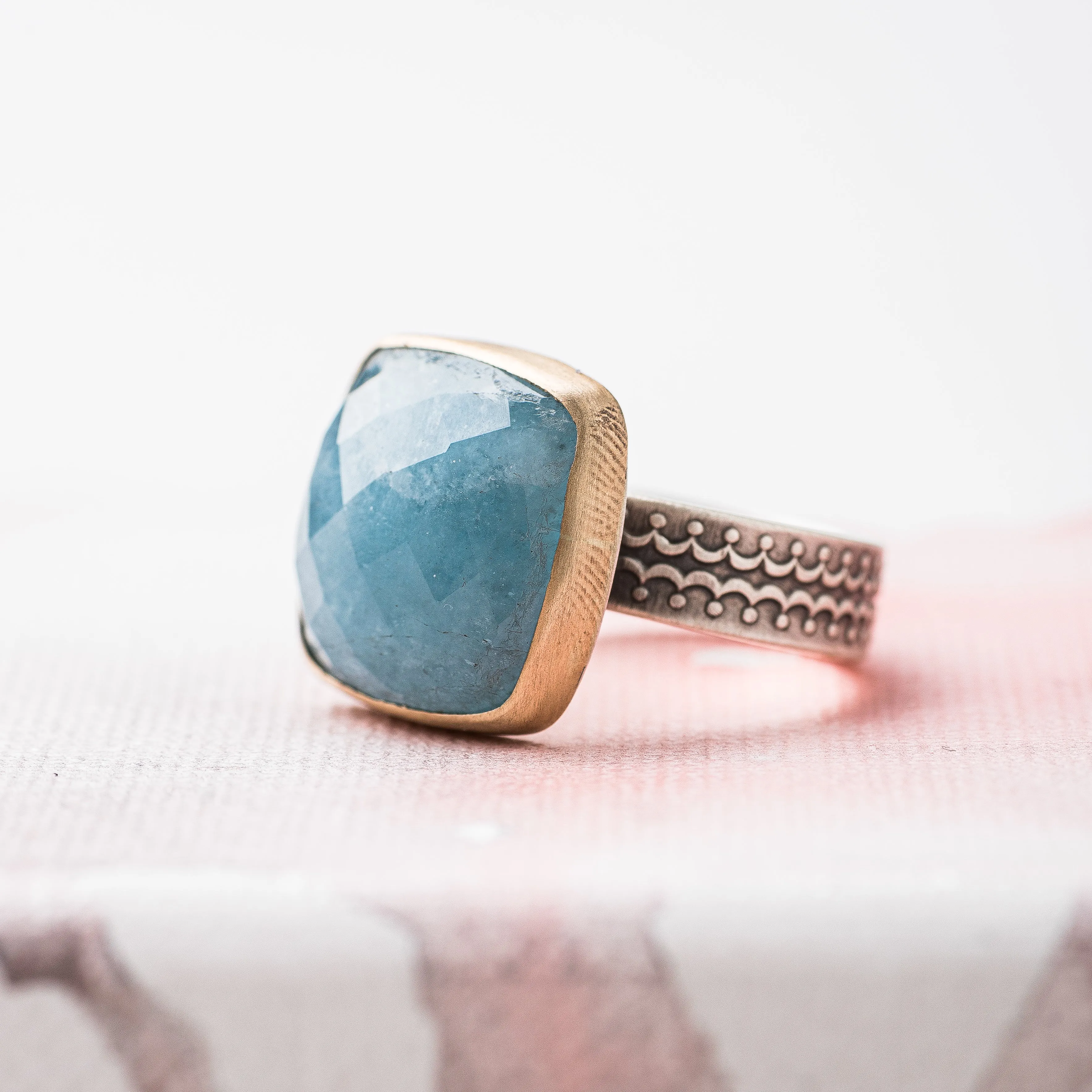 Aquamarine Cushion Statement Ring with 14k Gold Bezel on Scallop Pattern Band