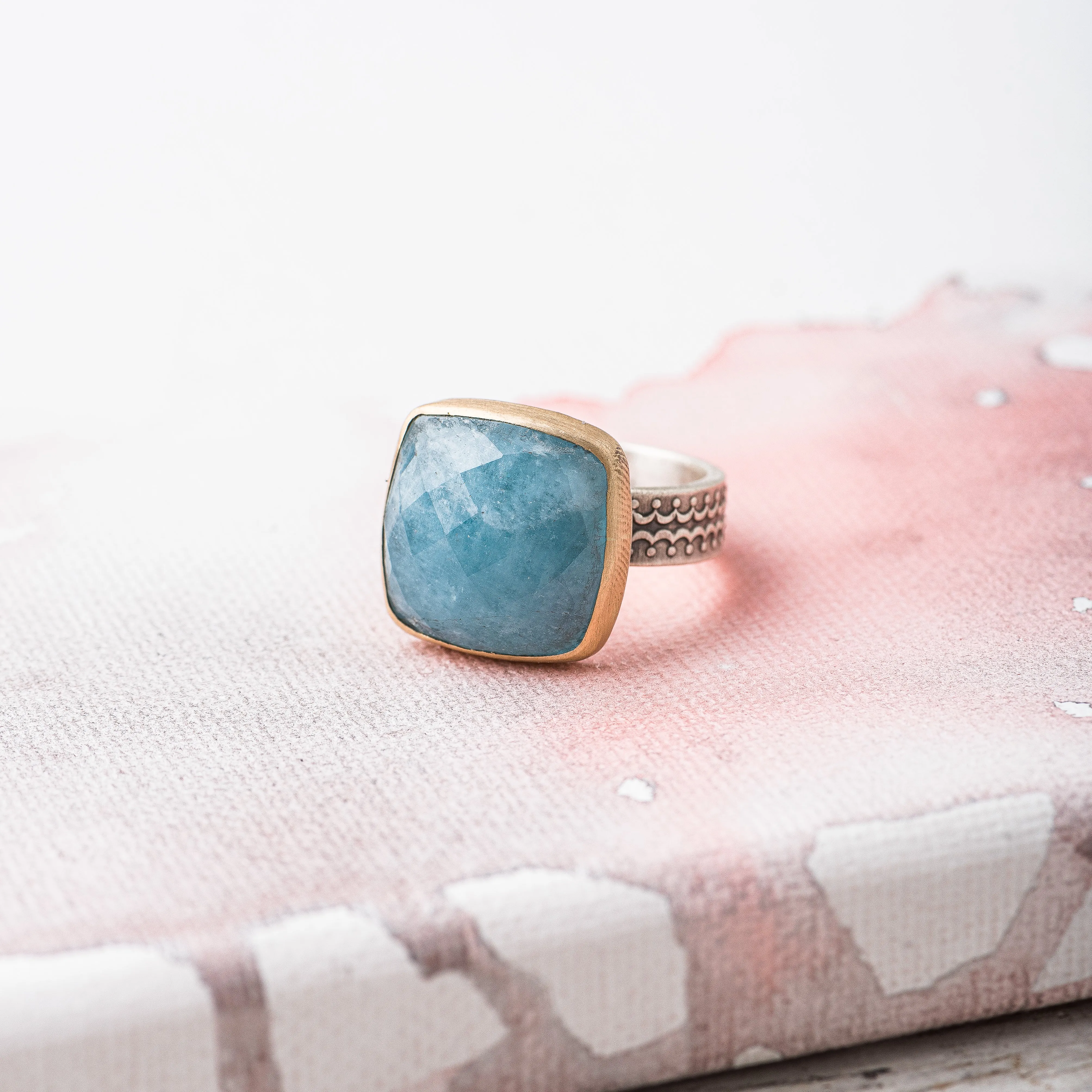 Aquamarine Cushion Statement Ring with 14k Gold Bezel on Scallop Pattern Band