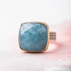 Aquamarine Cushion Statement Ring with 14k Gold Bezel on Scallop Pattern Band