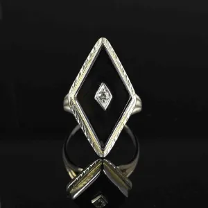 Art Deco 14K White Gold Diamond Onyx Ring