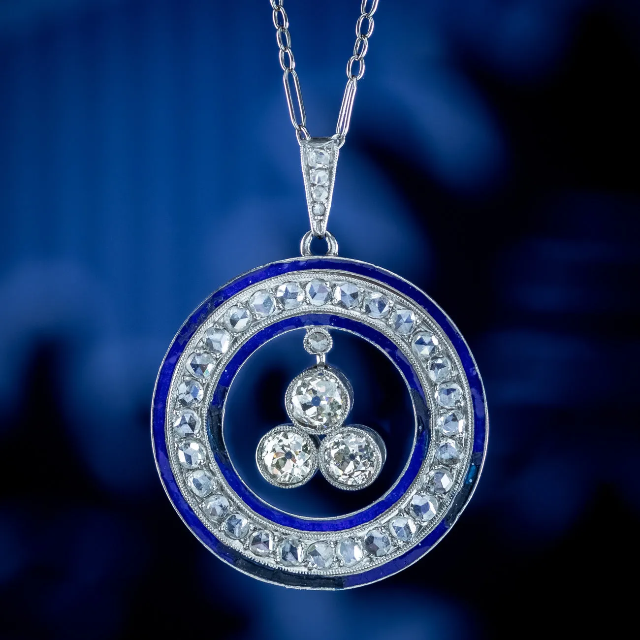 Art Deco Diamond Enamel Pendant Necklace Platinum 2.5ct Diamond