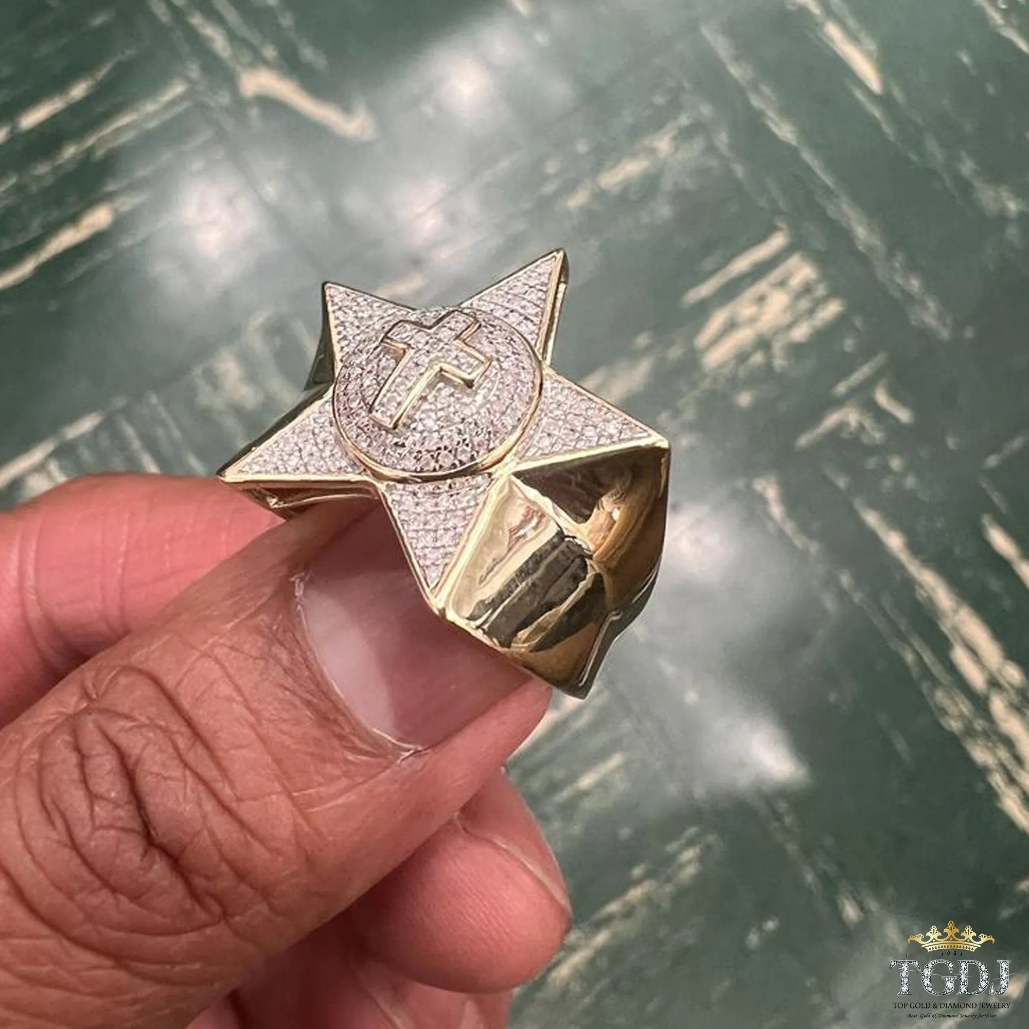 Authentic 10k Yellow Gold Iced out Diamond Star Ring for Unisex -Real Diamond Gold Ring, Star Diamond Ring, G-H Color, I1-I2 Clarity
