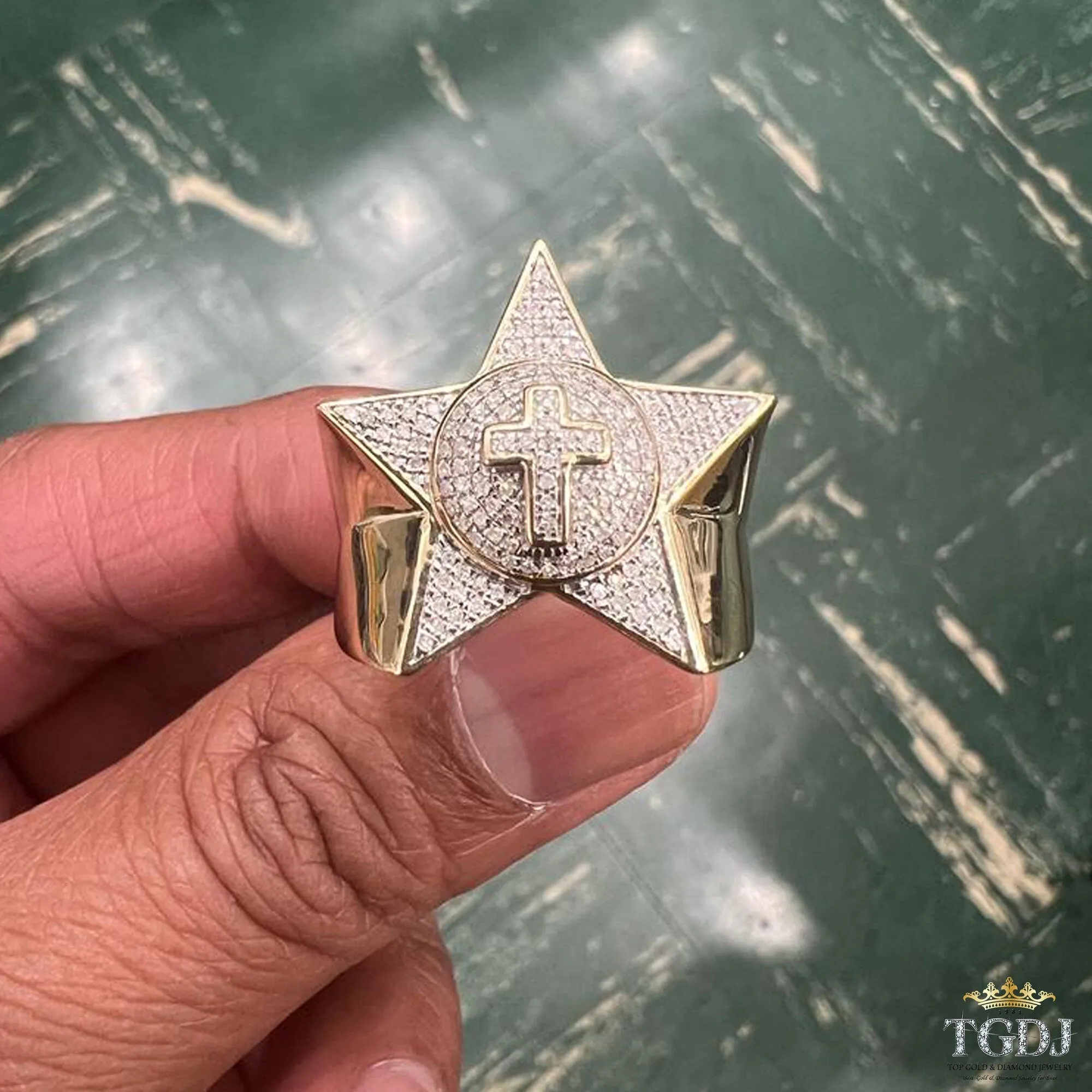 Authentic 10k Yellow Gold Iced out Diamond Star Ring for Unisex -Real Diamond Gold Ring, Star Diamond Ring, G-H Color, I1-I2 Clarity