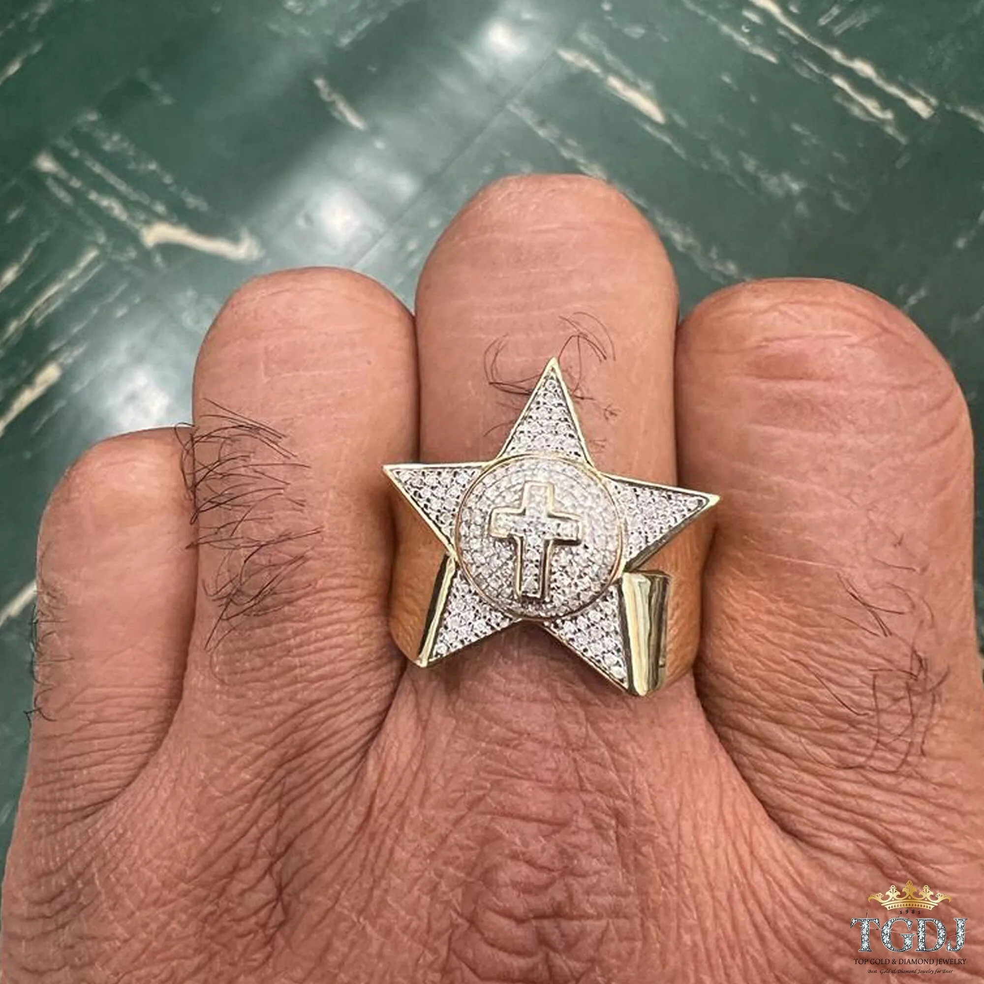 Authentic 10k Yellow Gold Iced out Diamond Star Ring for Unisex -Real Diamond Gold Ring, Star Diamond Ring, G-H Color, I1-I2 Clarity