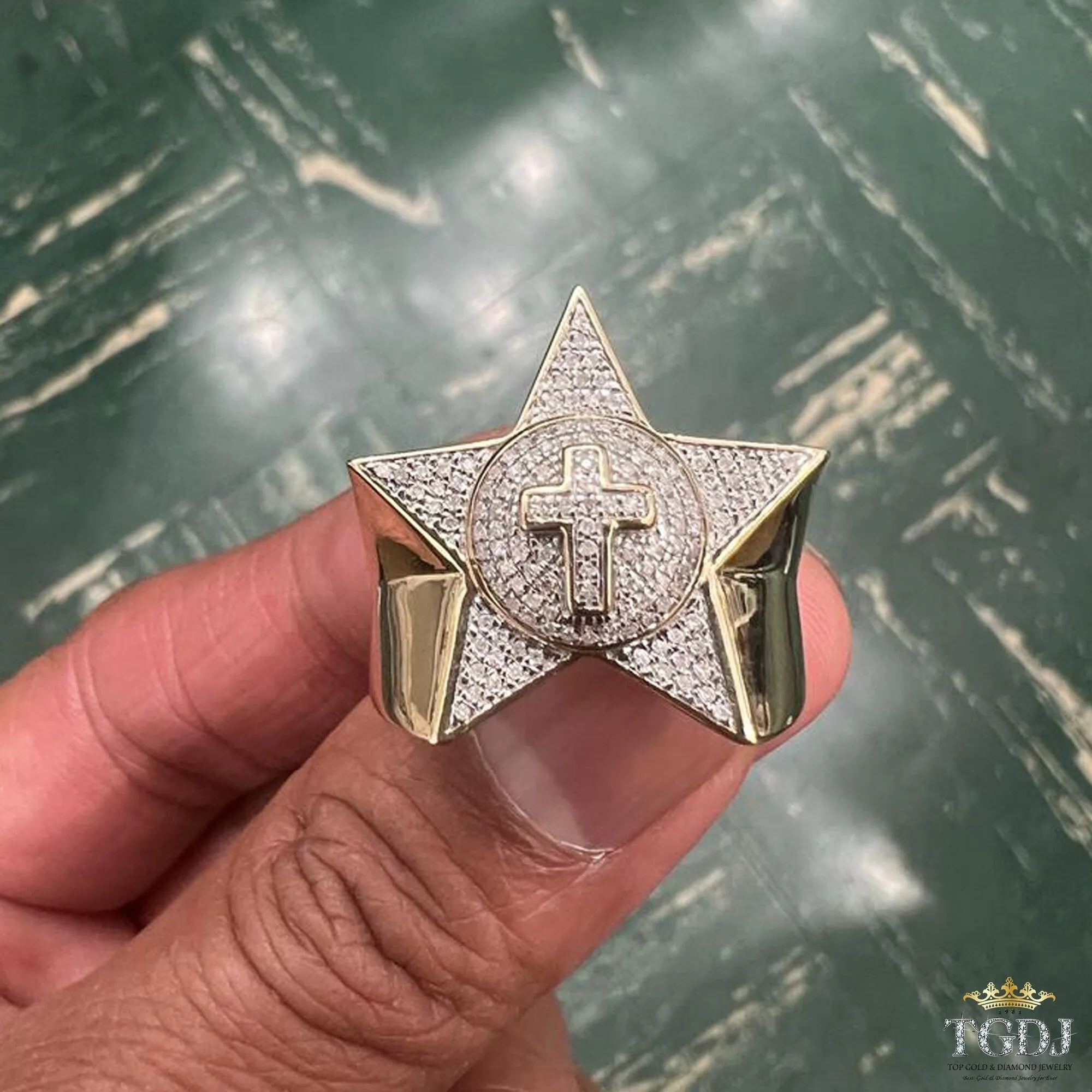 Authentic 10k Yellow Gold Iced out Diamond Star Ring for Unisex -Real Diamond Gold Ring, Star Diamond Ring, G-H Color, I1-I2 Clarity