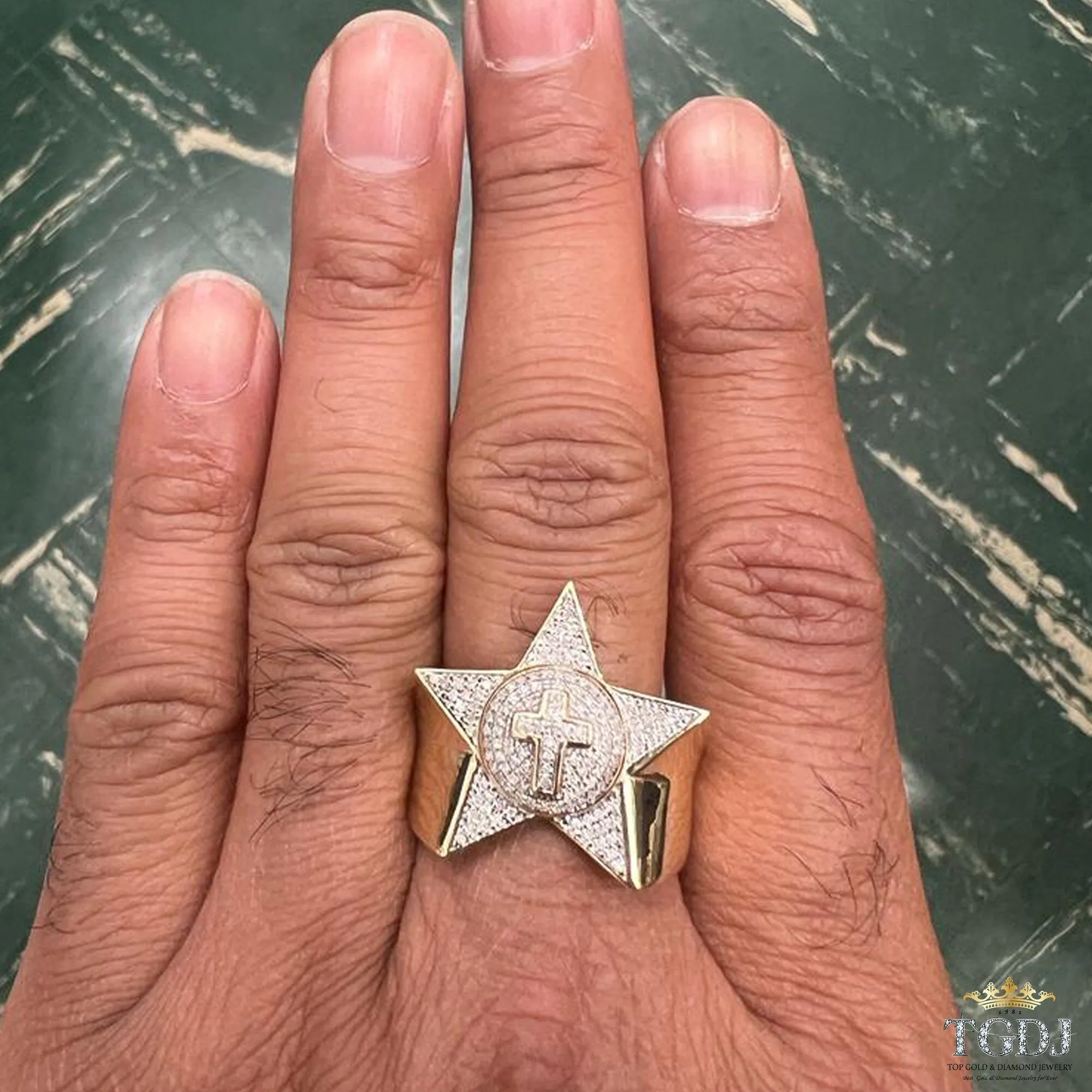 Authentic 10k Yellow Gold Iced out Diamond Star Ring for Unisex -Real Diamond Gold Ring, Star Diamond Ring, G-H Color, I1-I2 Clarity