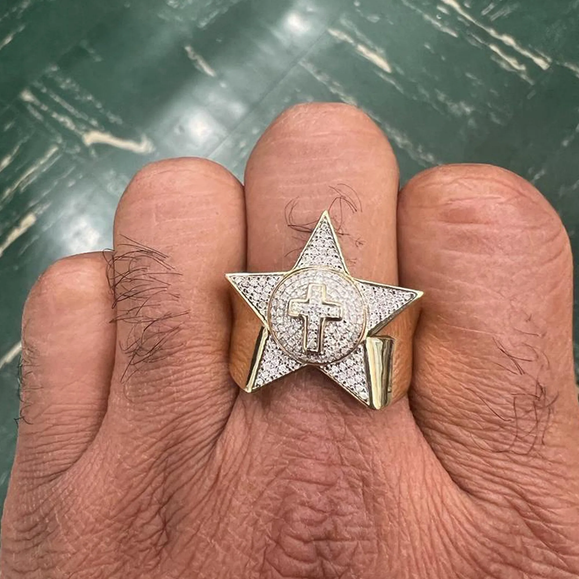 Authentic 10k Yellow Gold Iced out Diamond Star Ring for Unisex -Real Diamond Gold Ring, Star Diamond Ring, G-H Color, I1-I2 Clarity