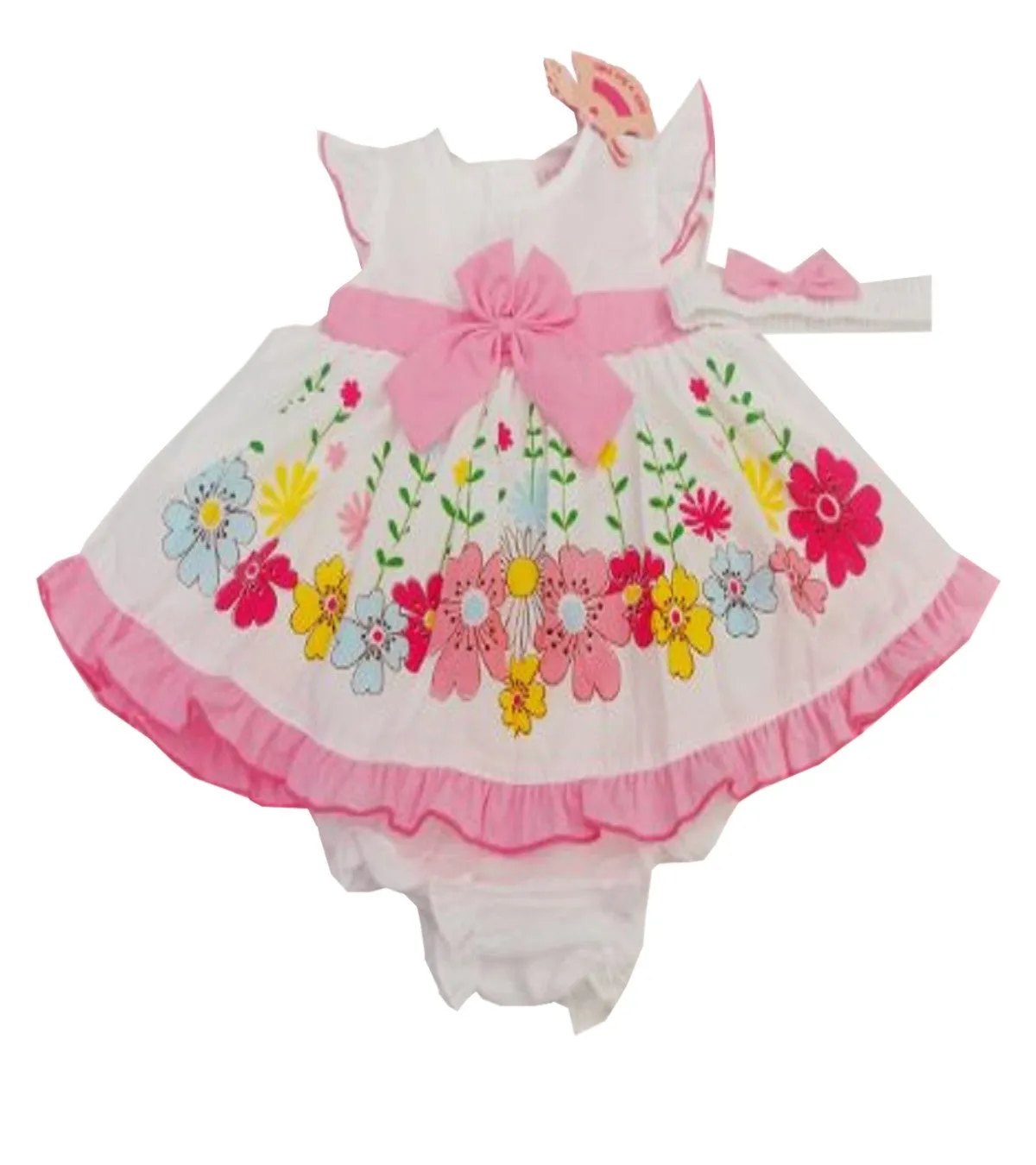 Baby Girls 3 Piece Floral Bow Dress Set Knickers & Bow Headband Age 6-24 M