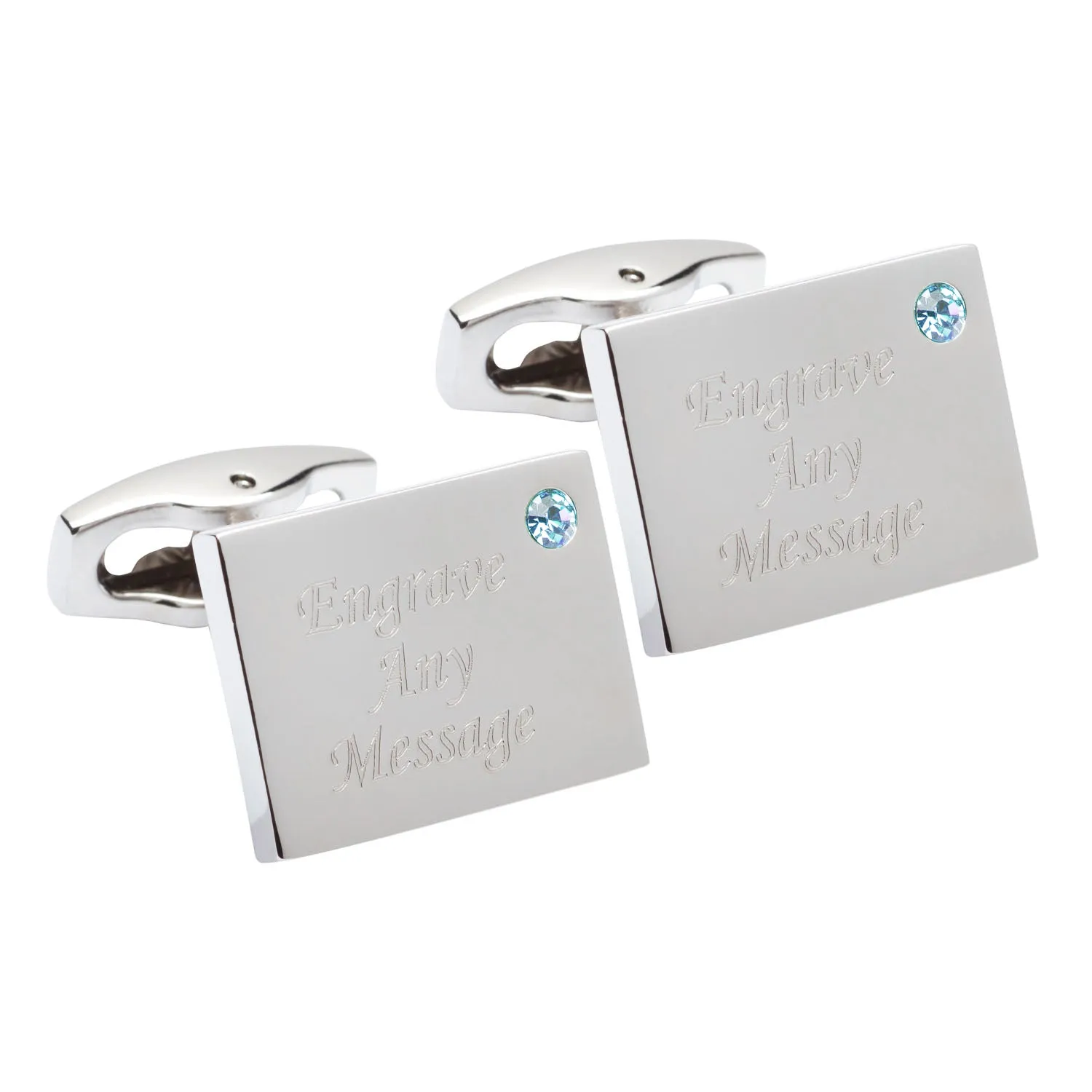 Birthstone Silver Plated Rectangle Engraved Cufflinks (March - Aquamarine)