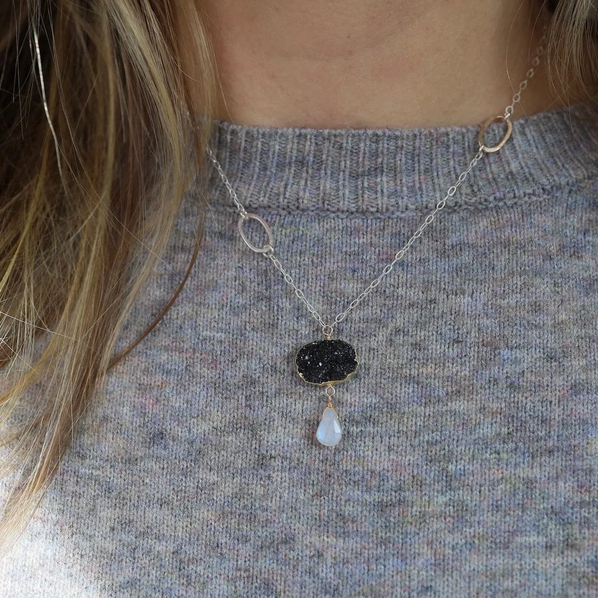 Black Druzy and Moonstone Necklace