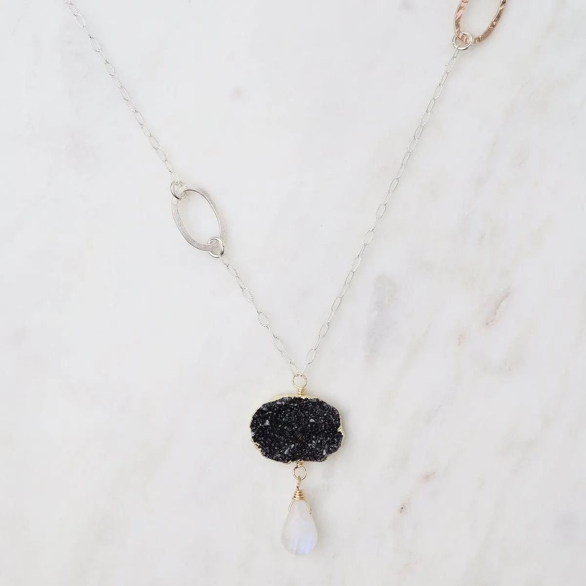Black Druzy and Moonstone Necklace