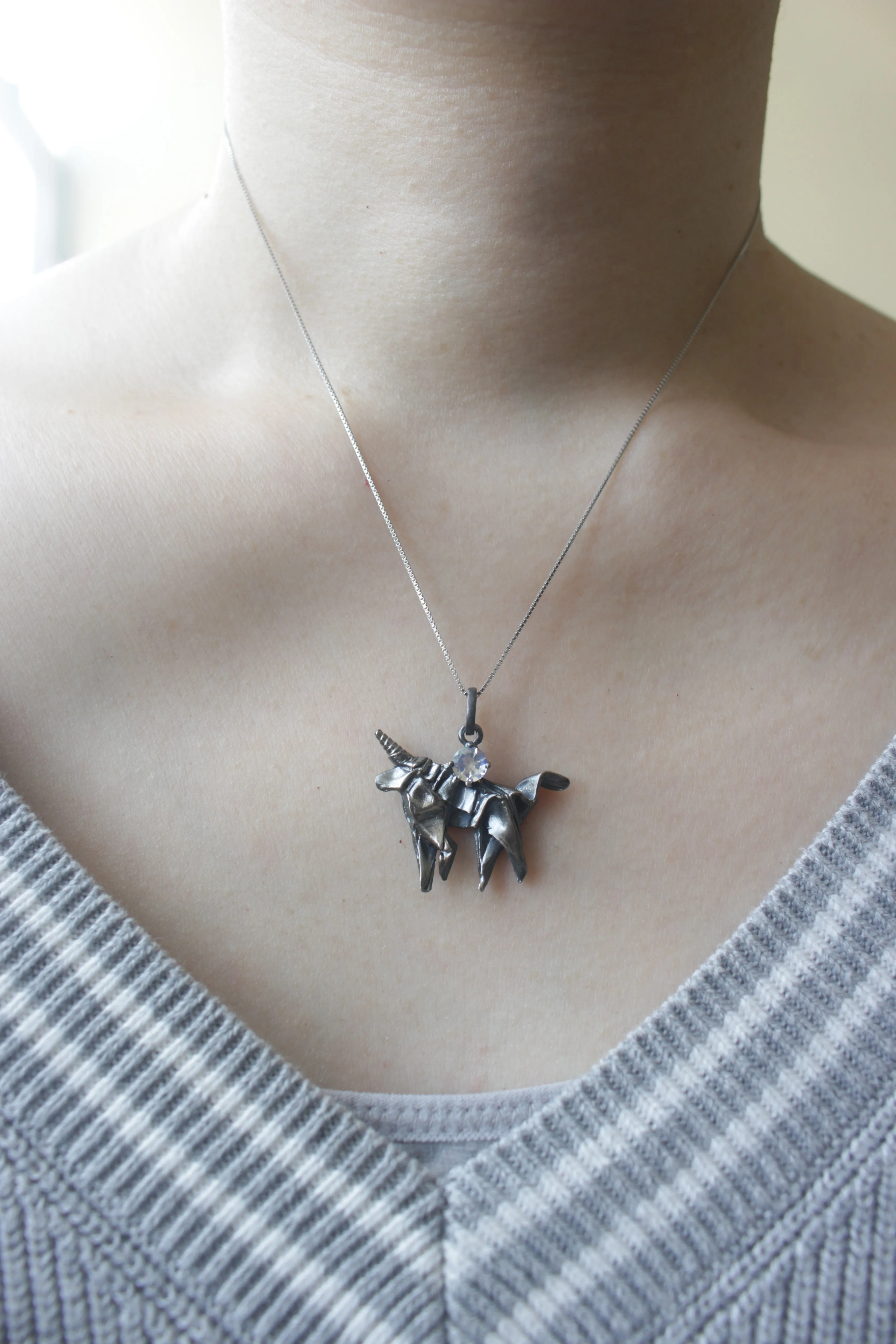 Black Silver Origami Unicorn Merry-go-round Necklace with Moonstone