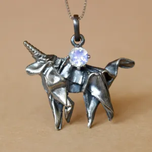 Black Silver Origami Unicorn Merry-go-round Necklace with Moonstone
