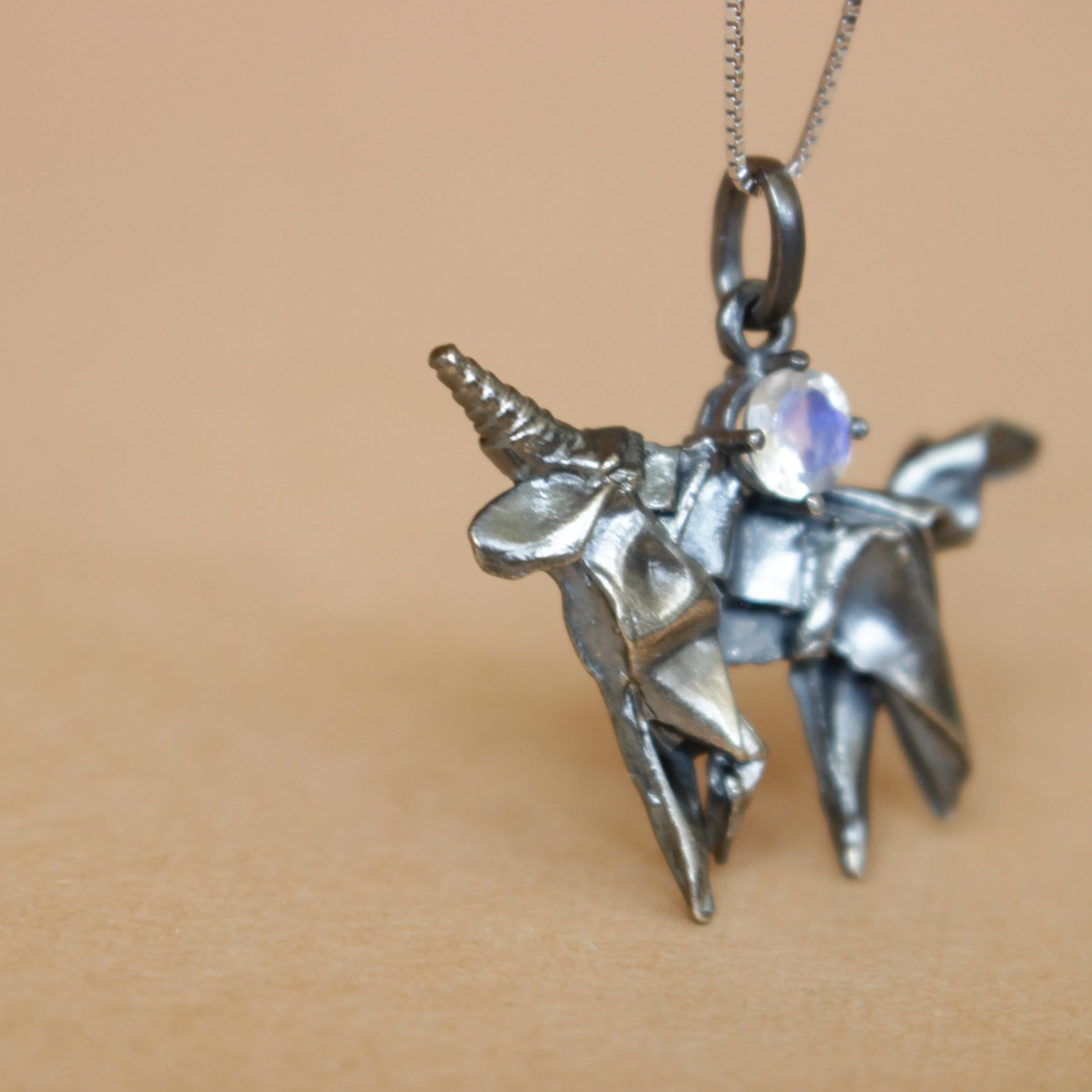 Black Silver Origami Unicorn Merry-go-round Necklace with Moonstone