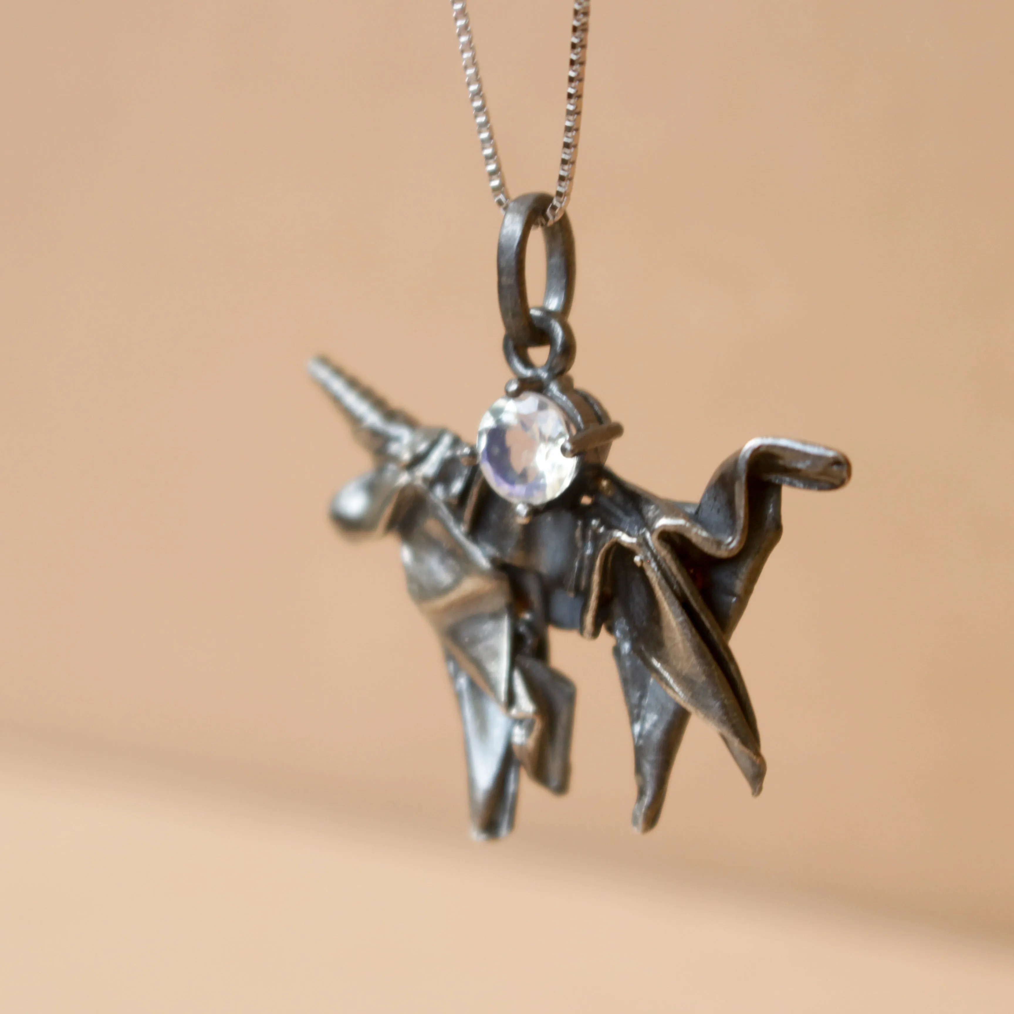 Black Silver Origami Unicorn Merry-go-round Necklace with Moonstone