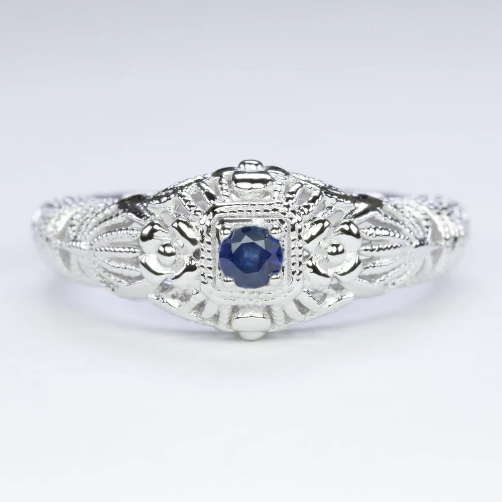 BLUE SAPPHIRE VINTAGE STYLE COCKTAIL RING STERLING SILVER FILIGREE DAINTY ROUND