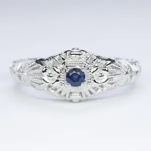 BLUE SAPPHIRE VINTAGE STYLE COCKTAIL RING STERLING SILVER FILIGREE DAINTY ROUND