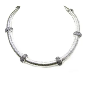 Brushed Silver Black Diamond Cubic Zirconia Pave Magnetic Necklace