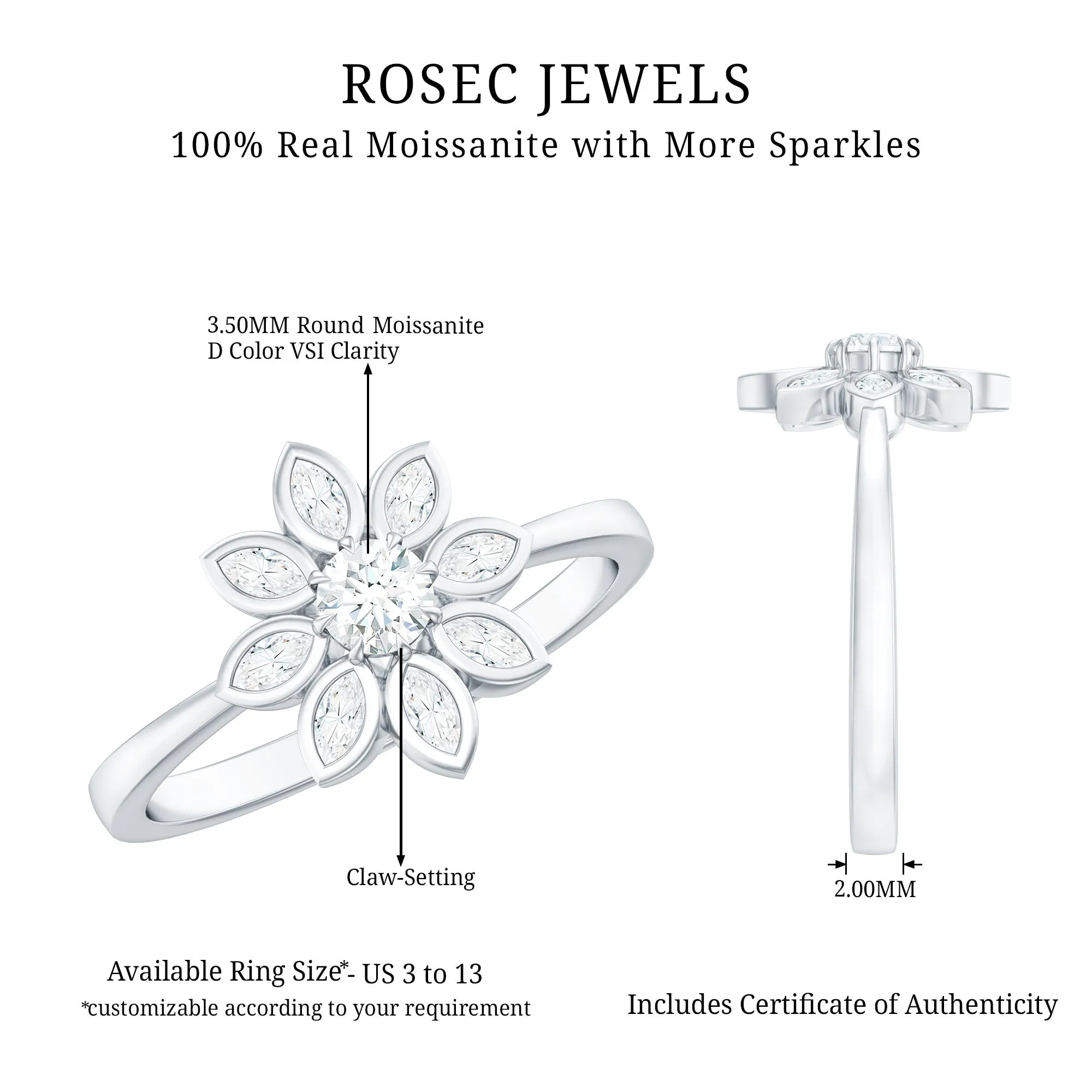 Certified Moissanite Flower Ring