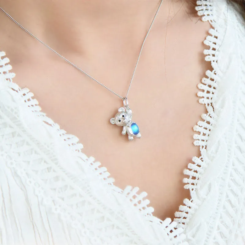 Chic Womens Sterling Silver Bear Moonstone Pendant Necklace for Women