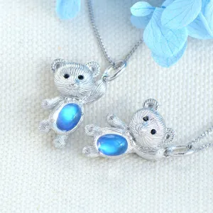Chic Womens Sterling Silver Bear Moonstone Pendant Necklace for Women