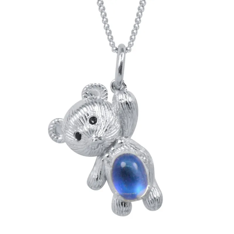 Chic Womens Sterling Silver Bear Moonstone Pendant Necklace for Women
