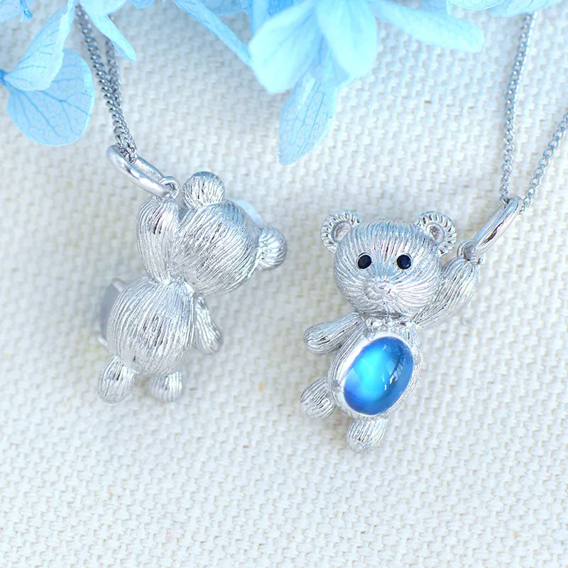 Chic Womens Sterling Silver Bear Moonstone Pendant Necklace for Women