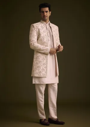 Cream Embroidered Sherwani With Thread And Sequin Work