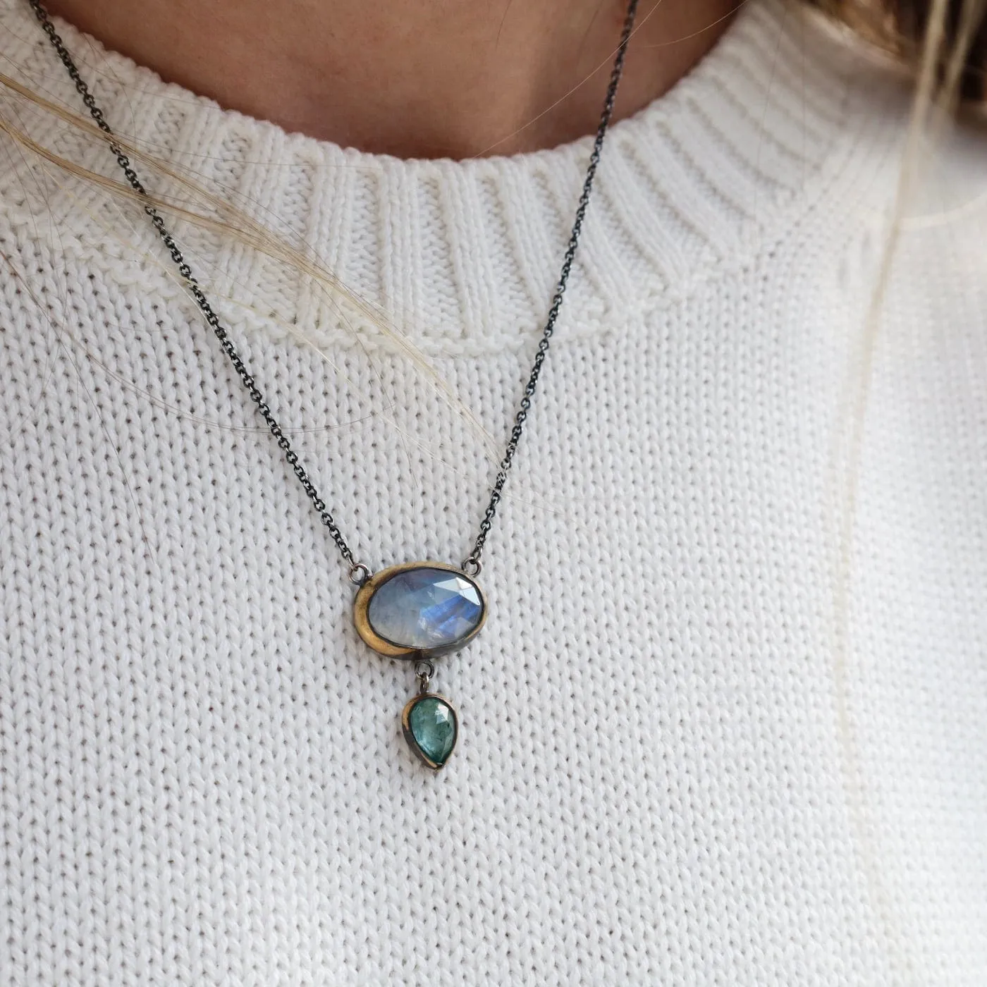 Crescent Rim Drop Necklace with Moonstone & Sky Blue Kyanite
