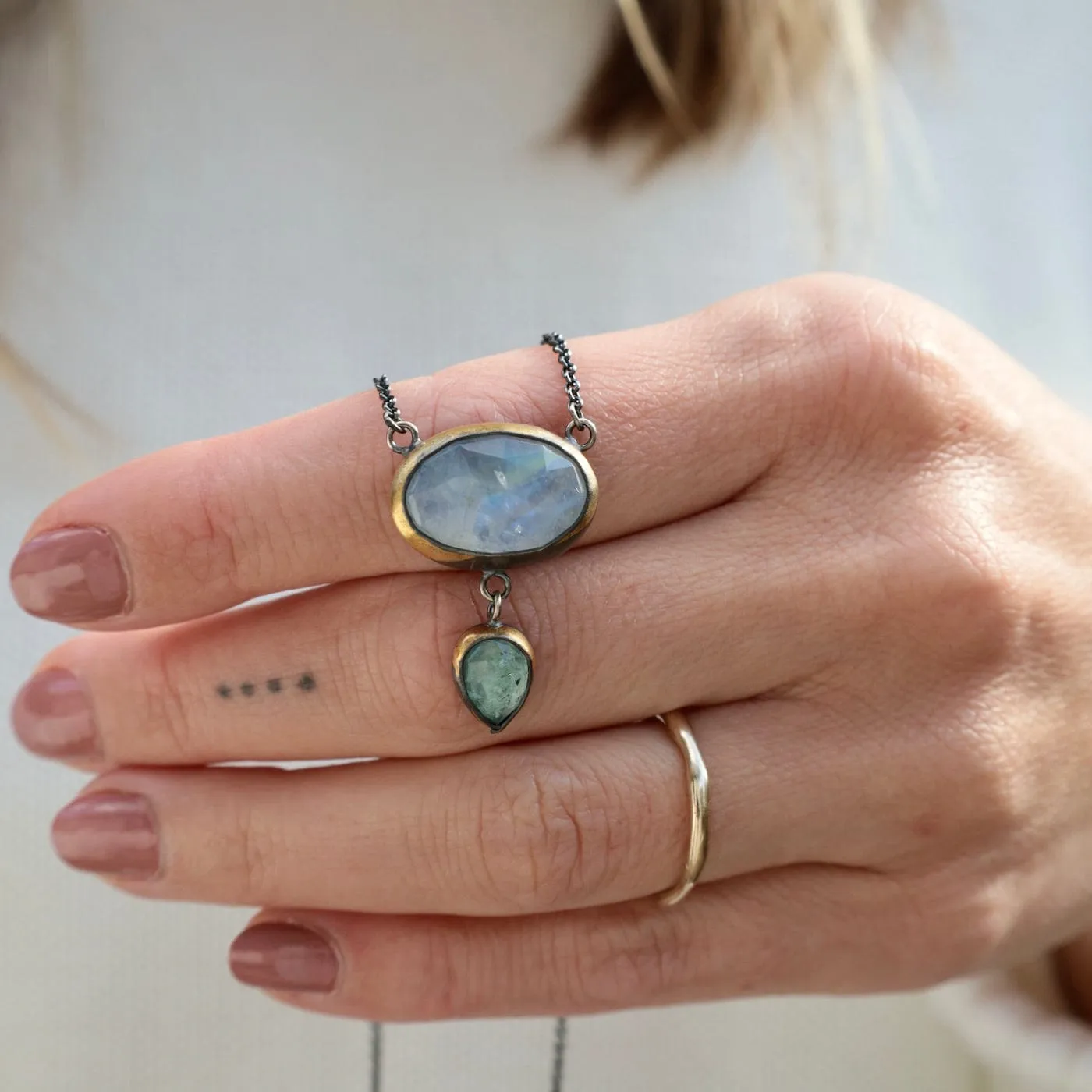 Crescent Rim Drop Necklace with Moonstone & Sky Blue Kyanite
