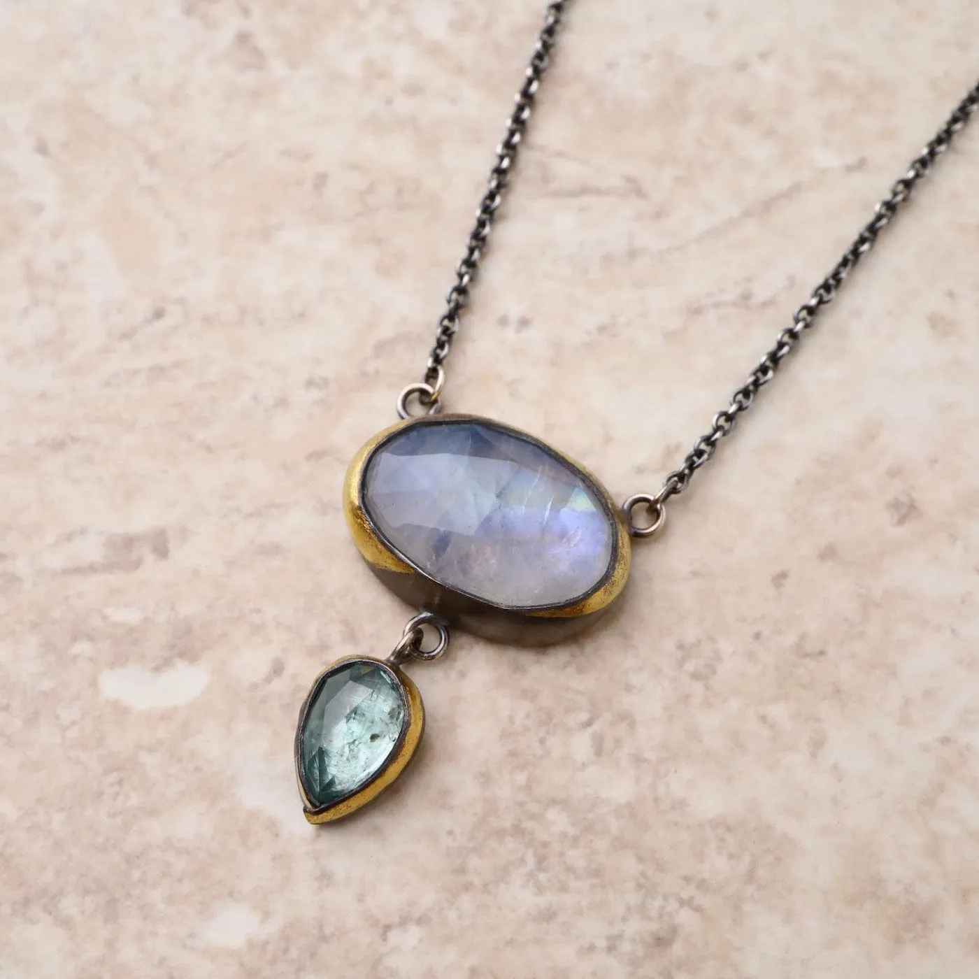 Crescent Rim Drop Necklace with Moonstone & Sky Blue Kyanite