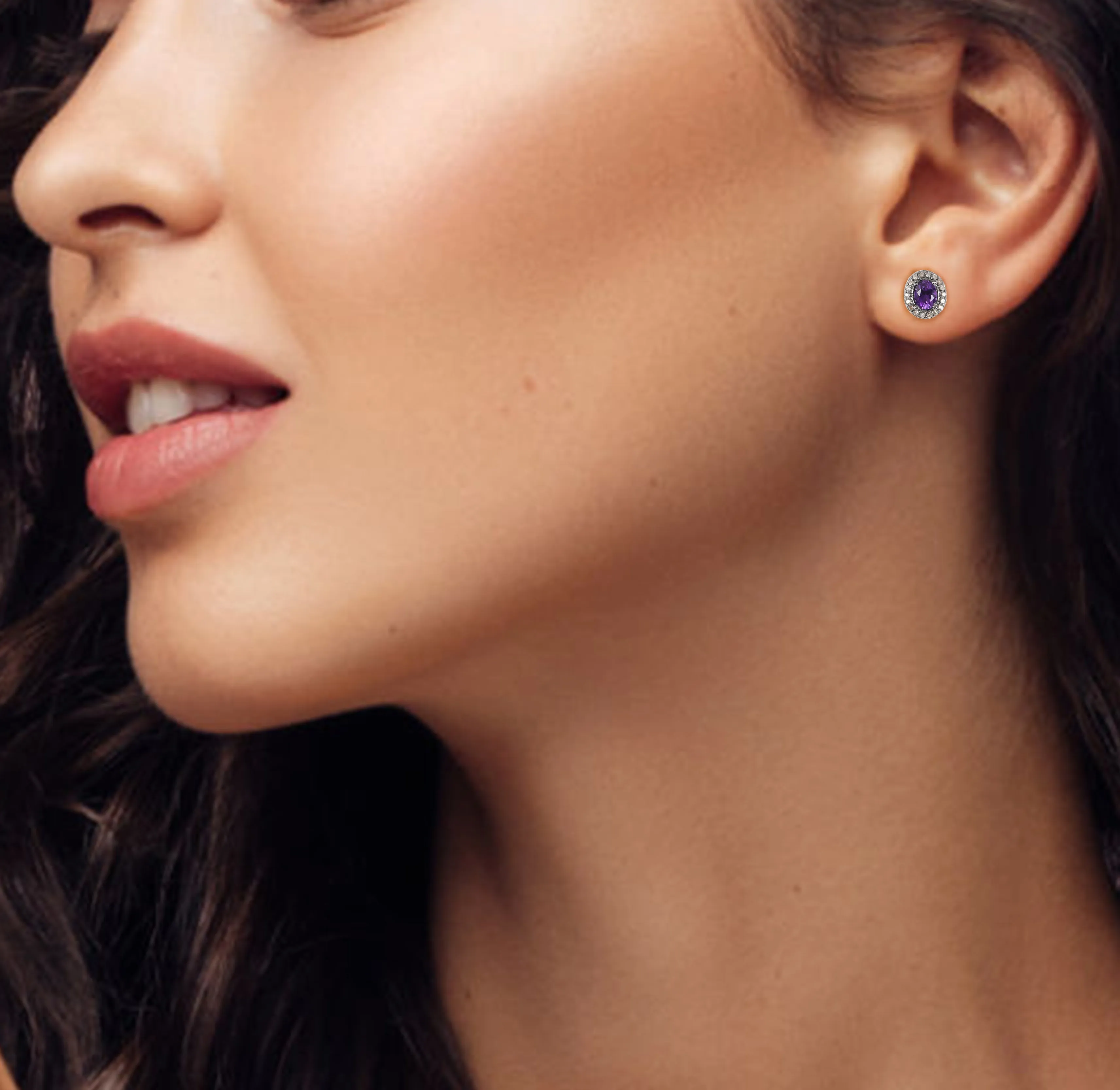 Dainty Amethyst & Diamond Halo Studs Earrings