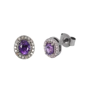 Dainty Amethyst & Diamond Halo Studs Earrings