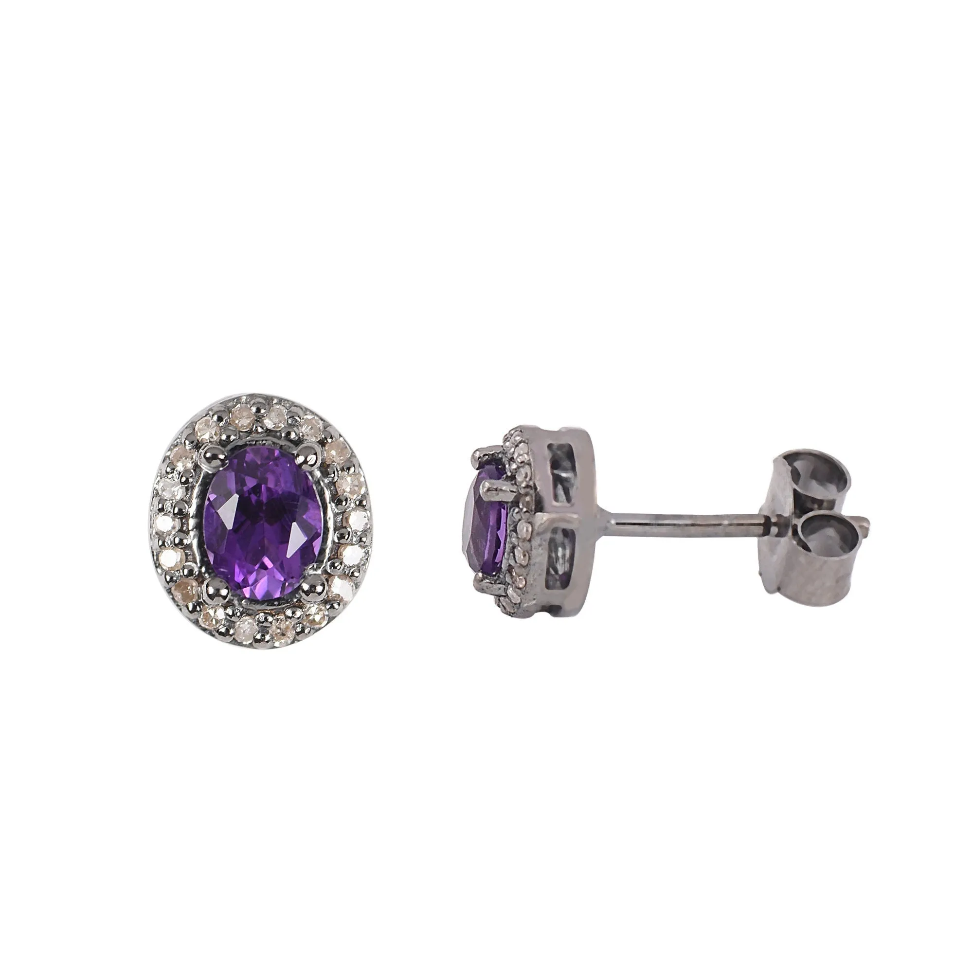 Dainty Amethyst & Diamond Halo Studs Earrings