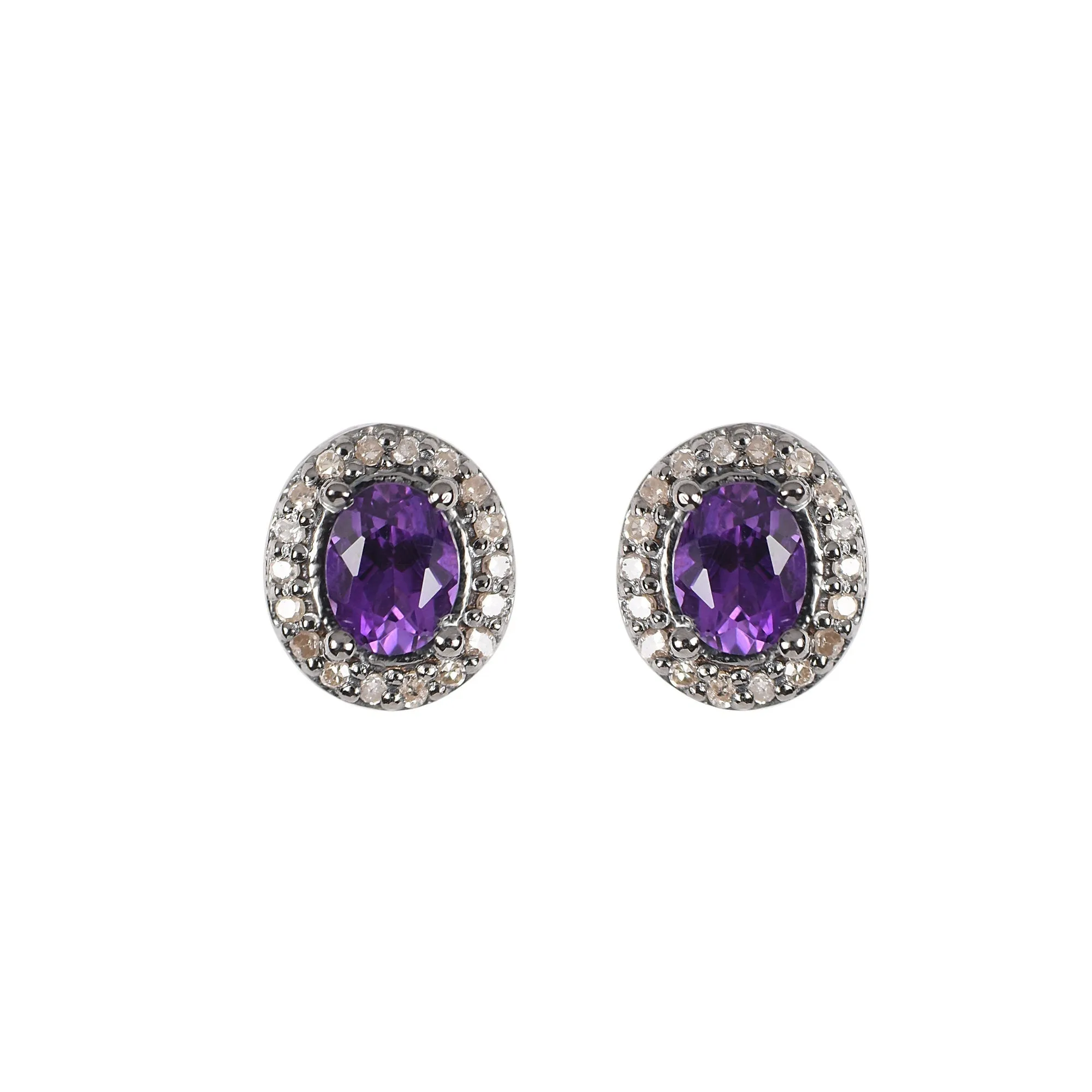 Dainty Amethyst & Diamond Halo Studs Earrings