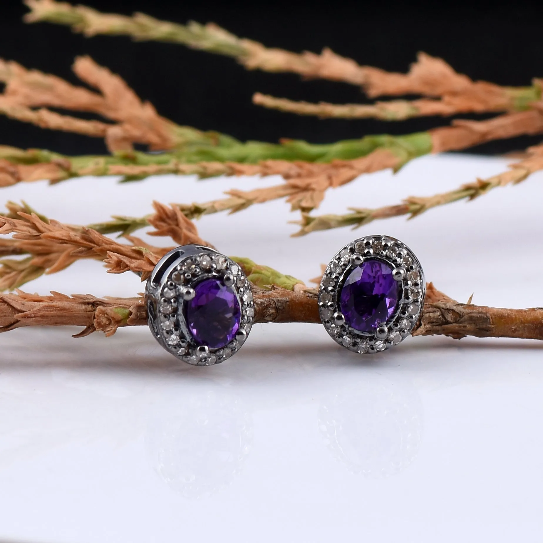 Dainty Amethyst & Diamond Halo Studs Earrings