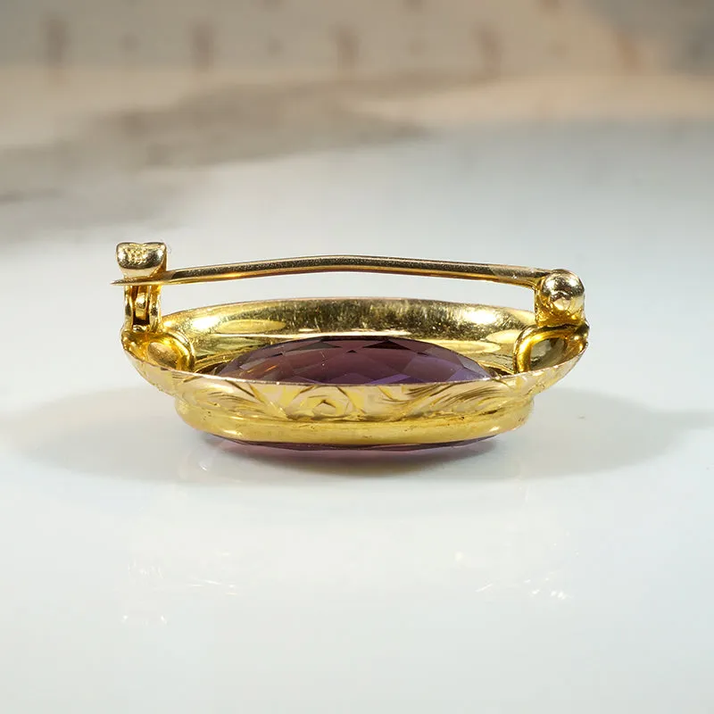 Decadent Amethyst in Engraved Gold Brooch