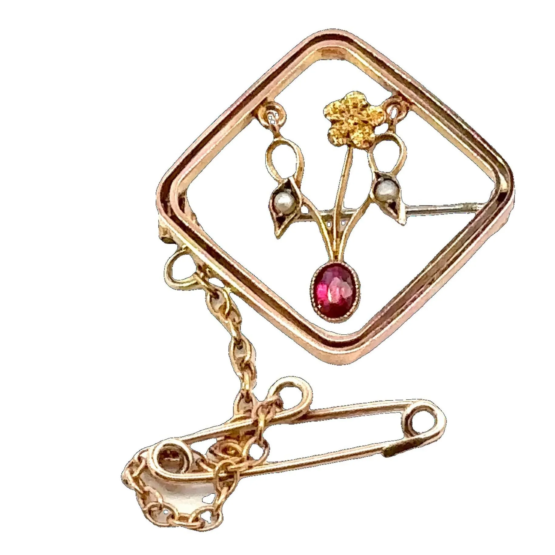 Delightful 9ct Yellow Gold Ruby and Pearl Brooch