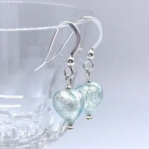 Earrings with aqua (blue) Murano glass mini heart drops on silver or gold hooks
