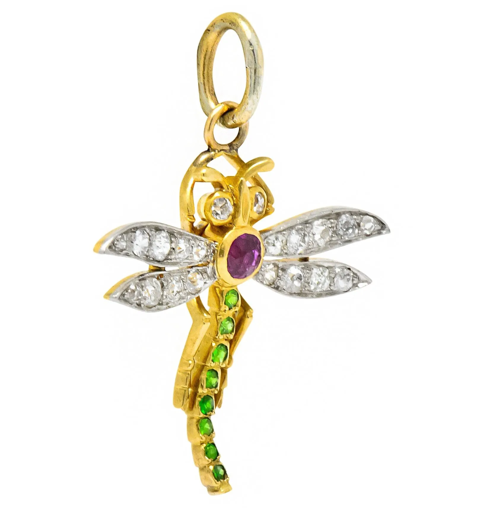 Edwardian 0.75 CTW Diamond Ruby Demantoid Garnet Platinum 18 Karat Gold Dragonfly Charm Pendant