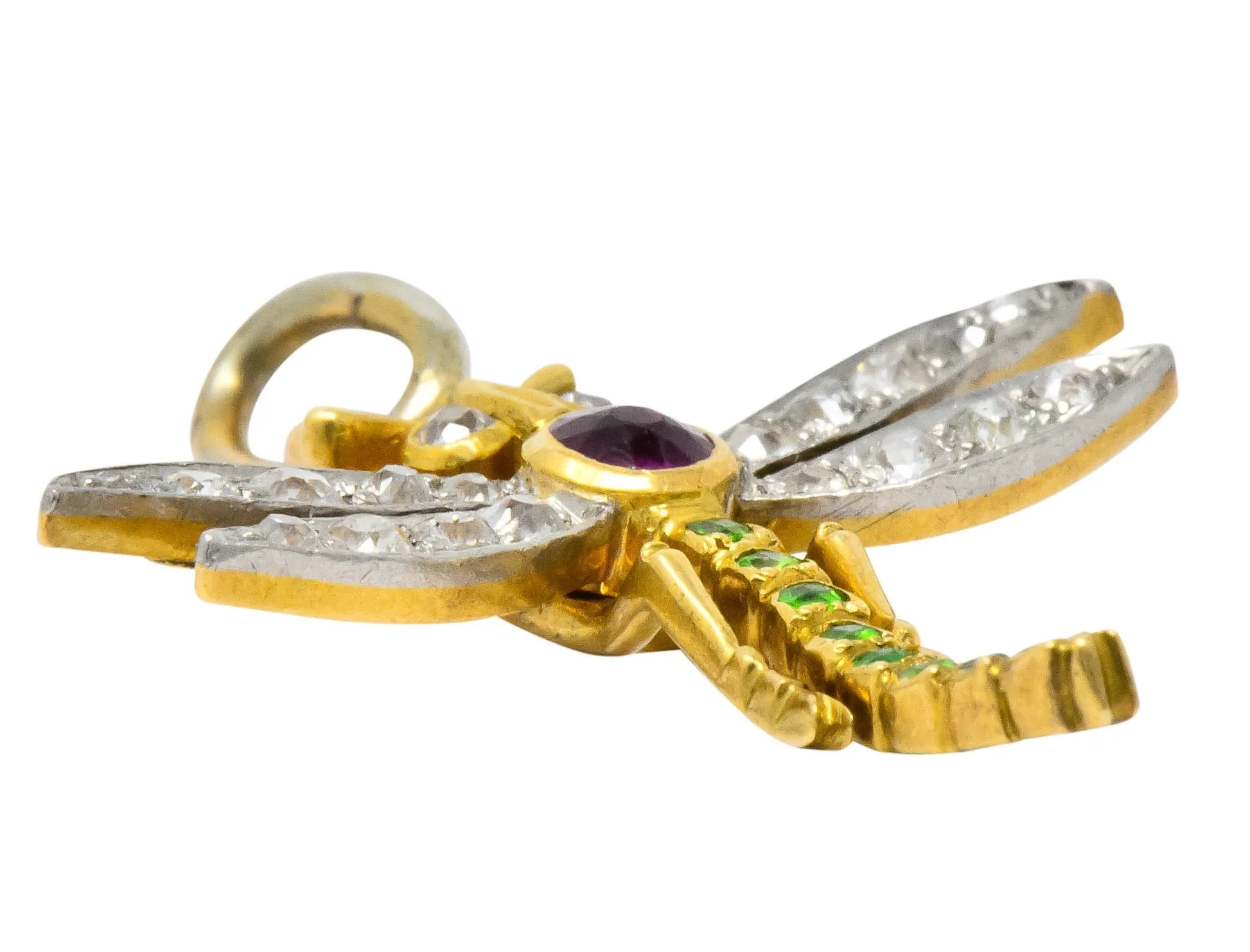 Edwardian 0.75 CTW Diamond Ruby Demantoid Garnet Platinum 18 Karat Gold Dragonfly Charm Pendant
