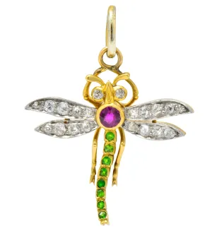 Edwardian 0.75 CTW Diamond Ruby Demantoid Garnet Platinum 18 Karat Gold Dragonfly Charm Pendant