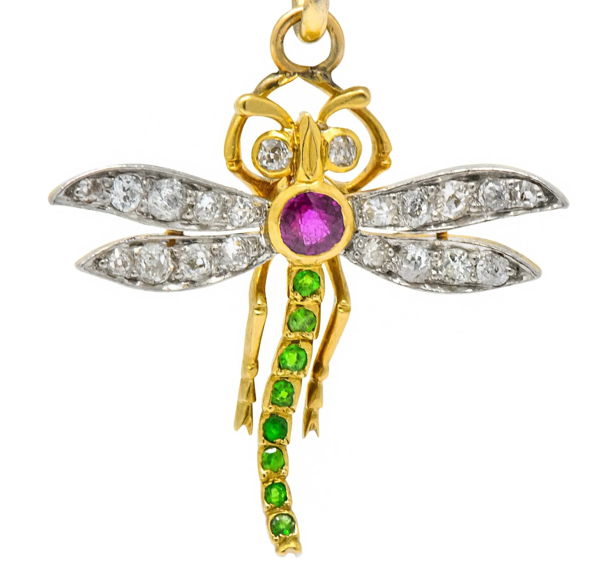 Edwardian 0.75 CTW Diamond Ruby Demantoid Garnet Platinum 18 Karat Gold Dragonfly Charm Pendant