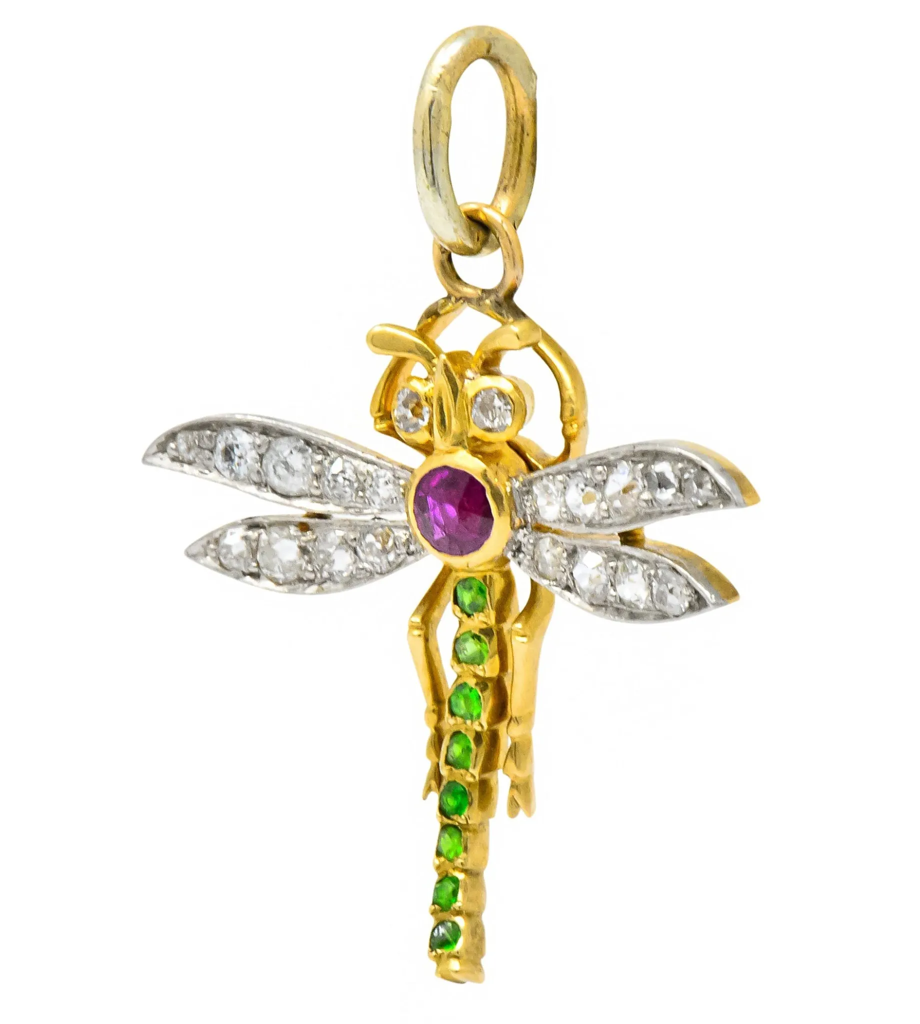 Edwardian 0.75 CTW Diamond Ruby Demantoid Garnet Platinum 18 Karat Gold Dragonfly Charm Pendant