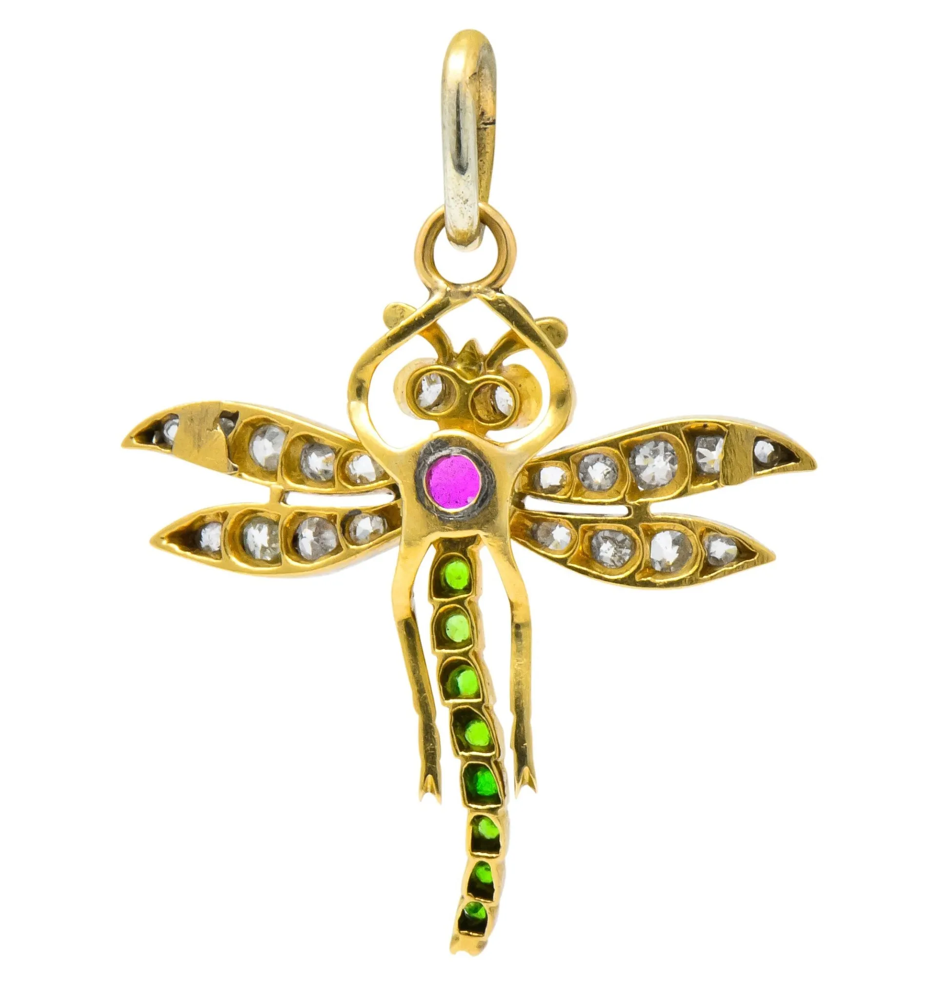 Edwardian 0.75 CTW Diamond Ruby Demantoid Garnet Platinum 18 Karat Gold Dragonfly Charm Pendant
