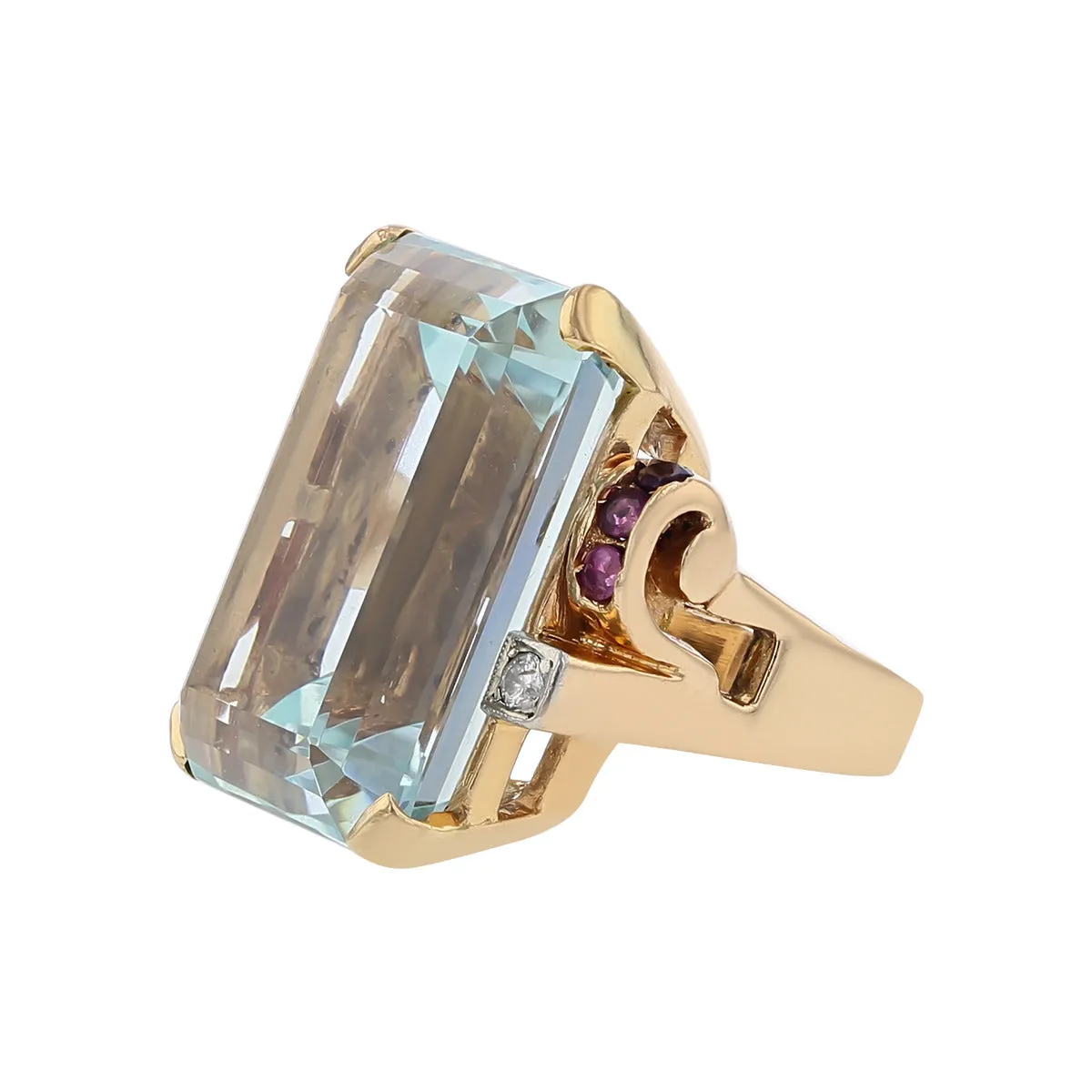 Emerald-cut Aquamarine, Ruby and Diamond Ring