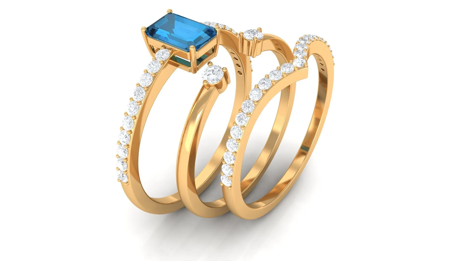 Emerald Cut Solitaire London Blue Topaz and Diamond Ring Set of 3