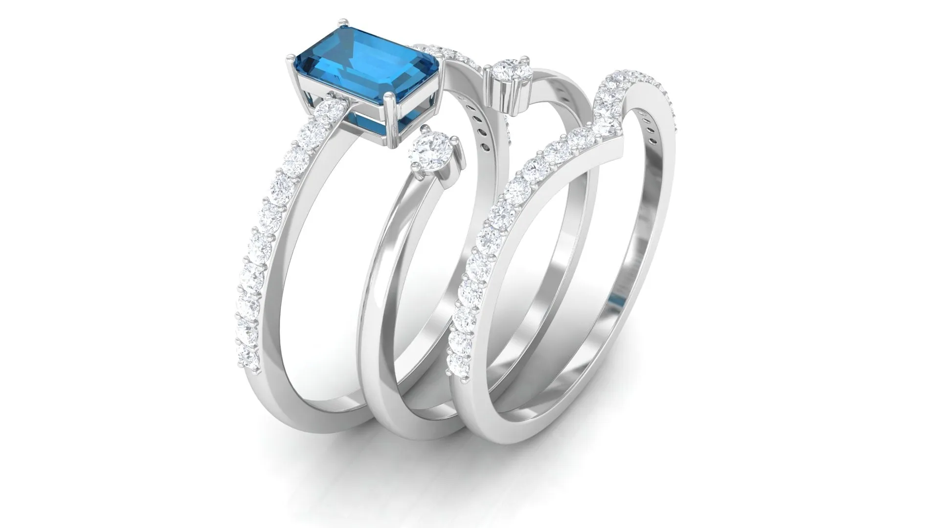 Emerald Cut Solitaire London Blue Topaz and Diamond Ring Set of 3