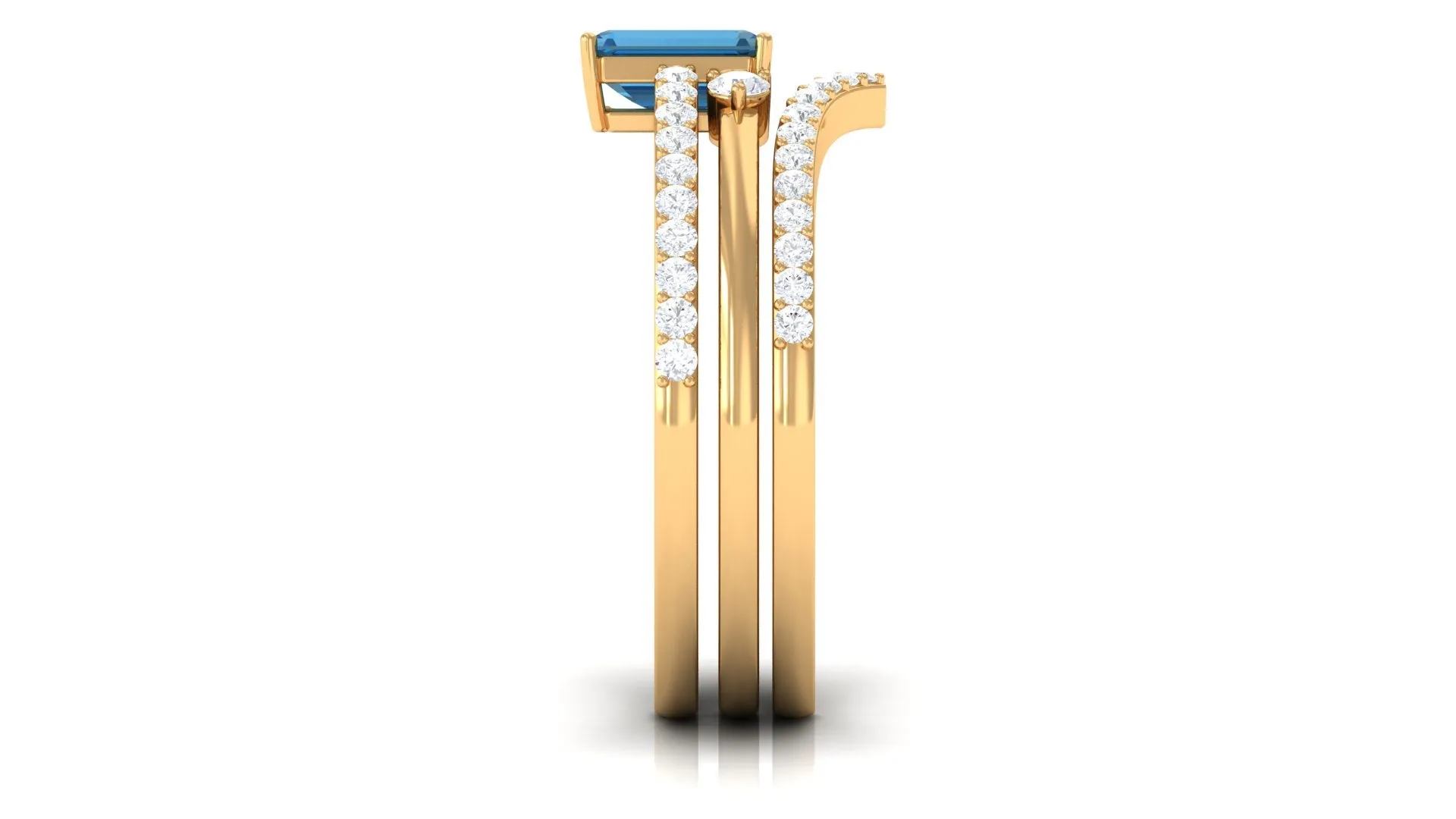 Emerald Cut Solitaire London Blue Topaz and Diamond Ring Set of 3