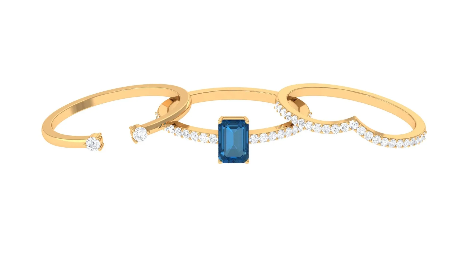 Emerald Cut Solitaire London Blue Topaz and Diamond Ring Set of 3